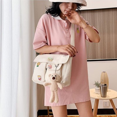 Canvas Crossbody Bag Messenger Cute Bag With Pins And Pendant For Women Girls Ca