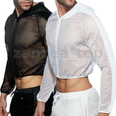 Mens Zip Fishnet Mesh Hoodie Long Sleeve Crop Top Casual