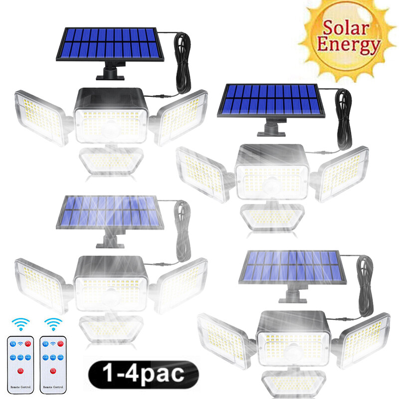 Solar Panel Security Light Outdoor 4 head 7000K 5000LM LED Motion Sensor 2/4PK