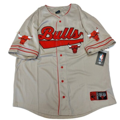 NBA Chicago Bulls Button Up Baseball Jersey Mens Size L Sand Storm Beige Red