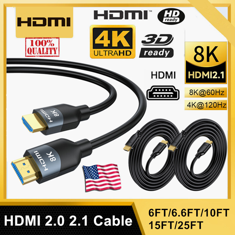 HDMI Cable 2.0 2.1 8K 4K 3D HDTV PC Xbox ONE PS4 High Speed Plug Ethernet 3-25FT