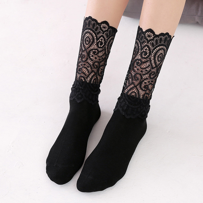 3 Pairs Lady Girls Socks Hollow Lace Spliced High Ankle Solid Socks Fashion Soft