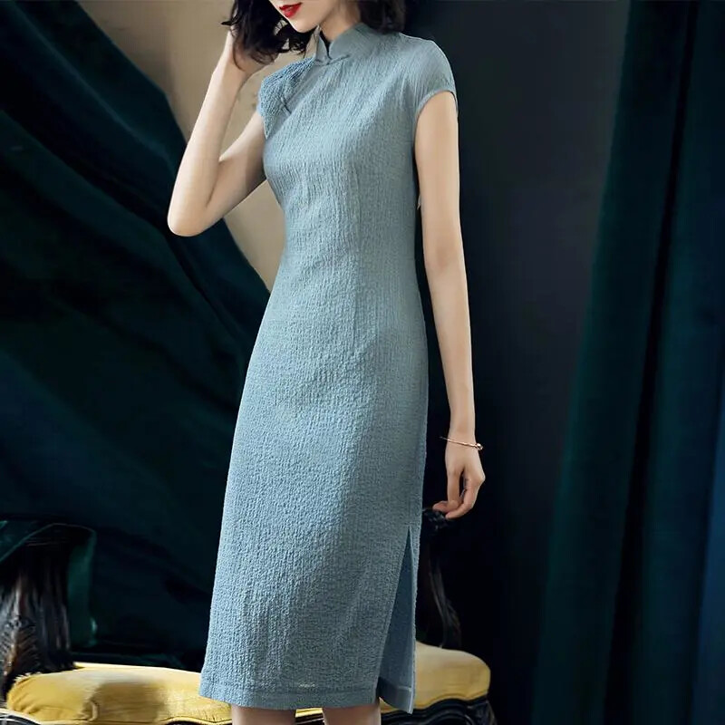 Chinese Cheongsam Women Midi Dress Retro Ethnic Ball Prom Qipao A-line Slit