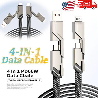 4-in-1 Flat Braided Anti-tangle Charger Cable For iPhone Samsung Type C USB Lead