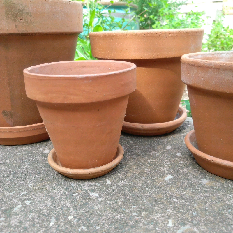Set of four unglazed terracotta plant pots with plates in Exeter
