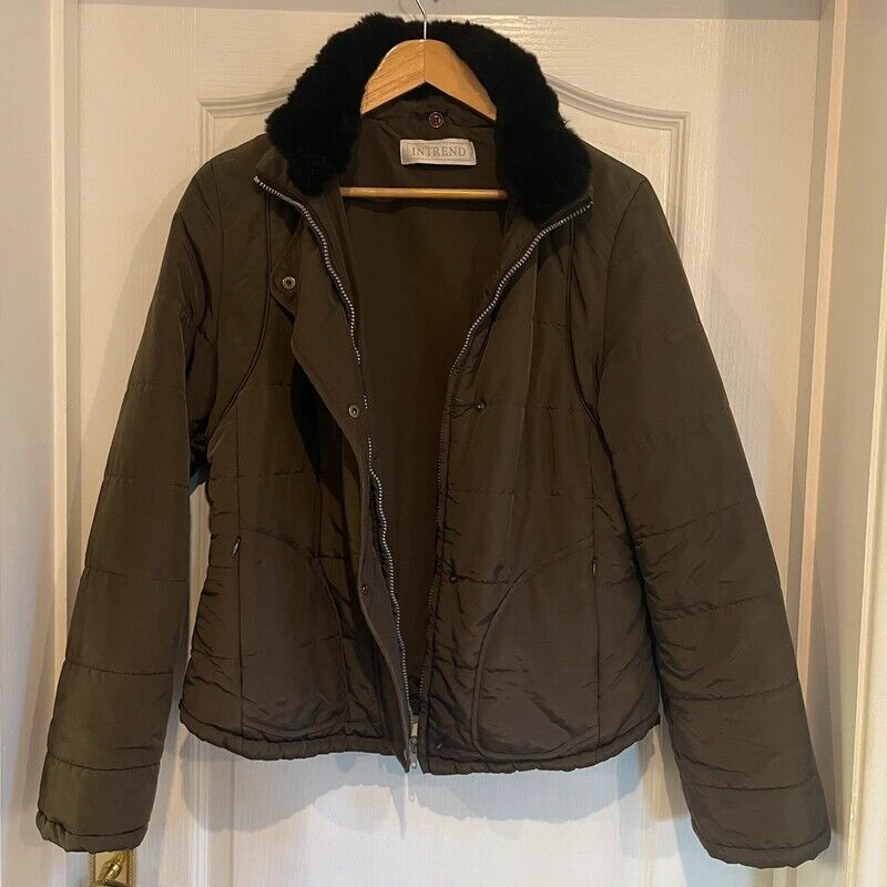 Intrend Vintage Padded Quilted Jacket with Detachable Fur Collar Brown UK 14