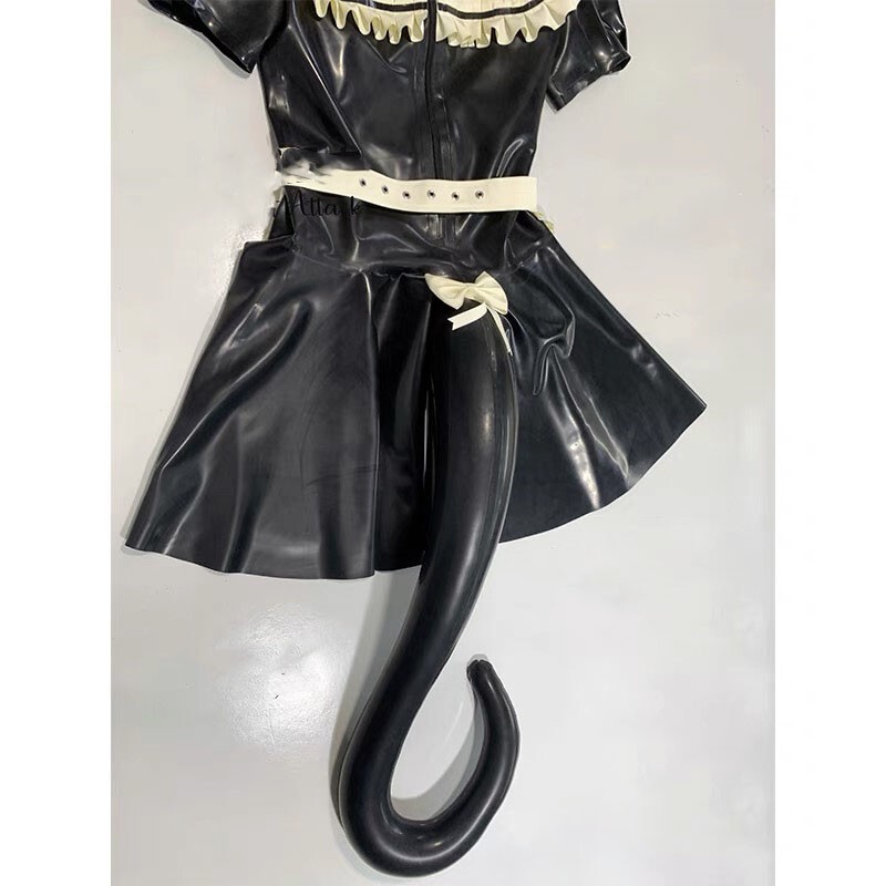 Pre-owned Handmade Latex Rubber Uniform Maid Dress W/ruffles And Black Latex W/apron W/tail