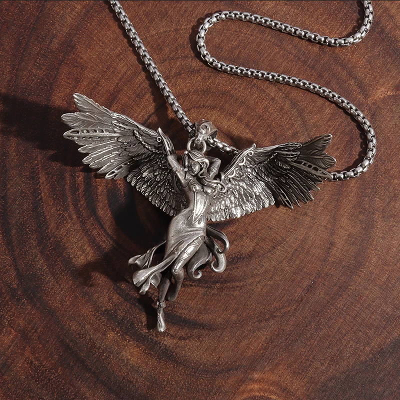 Ecstasy Angel Jewelry Vintage Silver Sexy Goddess Standing Pendant Necklace