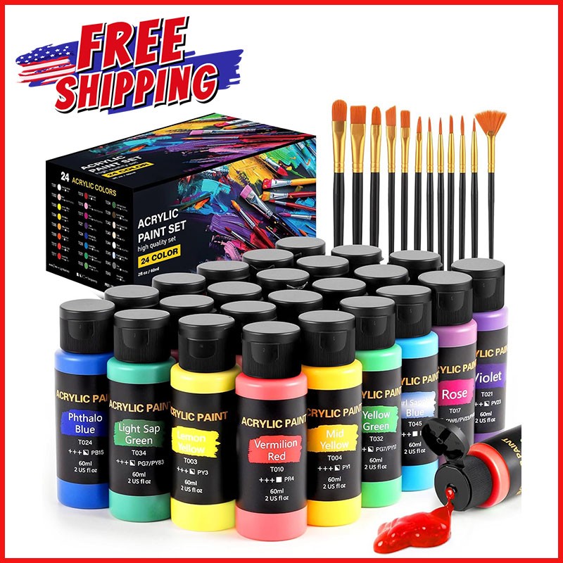 ACRYLIC PAINT SET 24-COLORS 2OZ BOTTLE Painting Artist Art Supplies