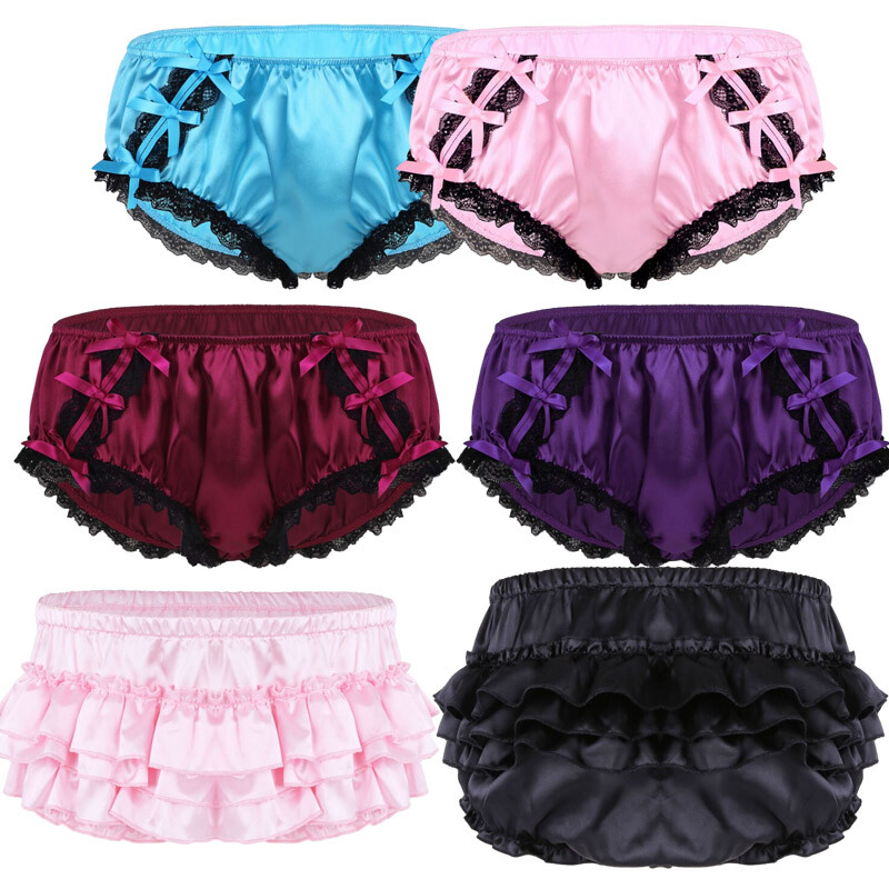 US Sexy Mens Shiny Satin Briefs Ruffled Bloomer Tiered Skirted Panties Underwear US Sexy Mens Shiny Satin Briefs Ruffled Bloomer Tiered Skirted Panties Underwear