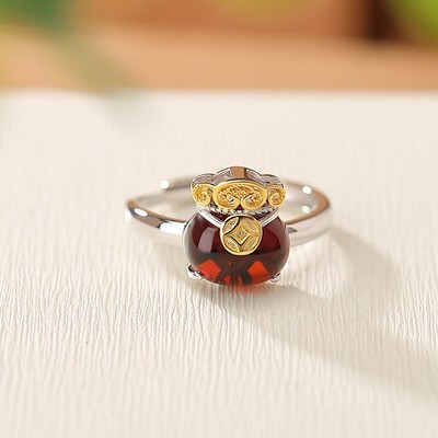 F02 Ring Glücksmünzen auf rotem Bernstein Blutbernstein Silber 925 verstellbar