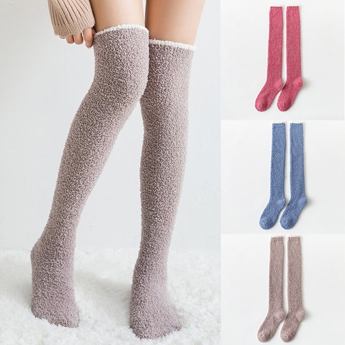 Women Fuzzy Socks Over Knee High Striped Fluffy Cozy Fleece Bed Socks Floor Warm