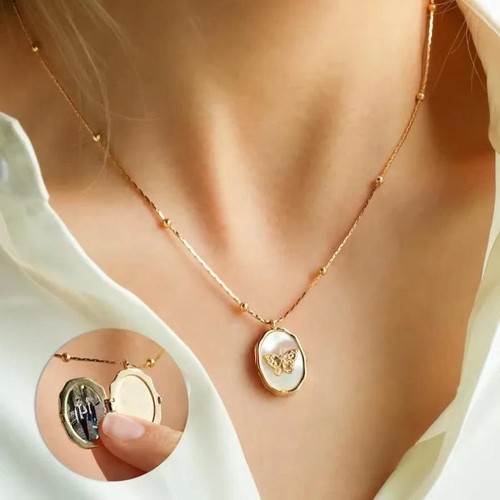 Custom Butterfly Shell Photo Locket Necklace Women Stainless Steel Vintage Memor