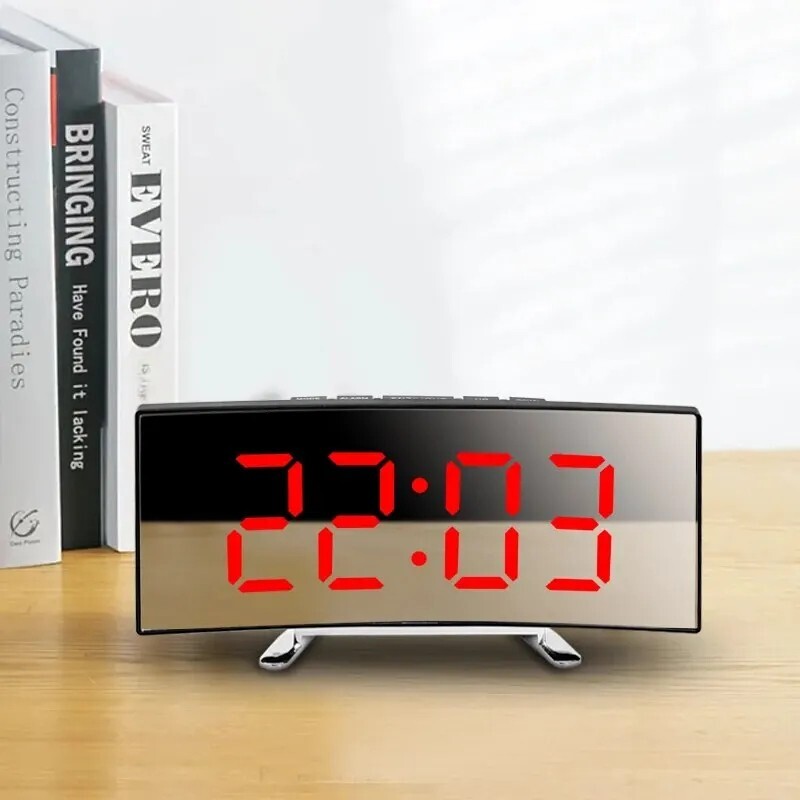 Digital LED Curved Large Mirror Alarm Clock Snooze Temperature NightMode Battery