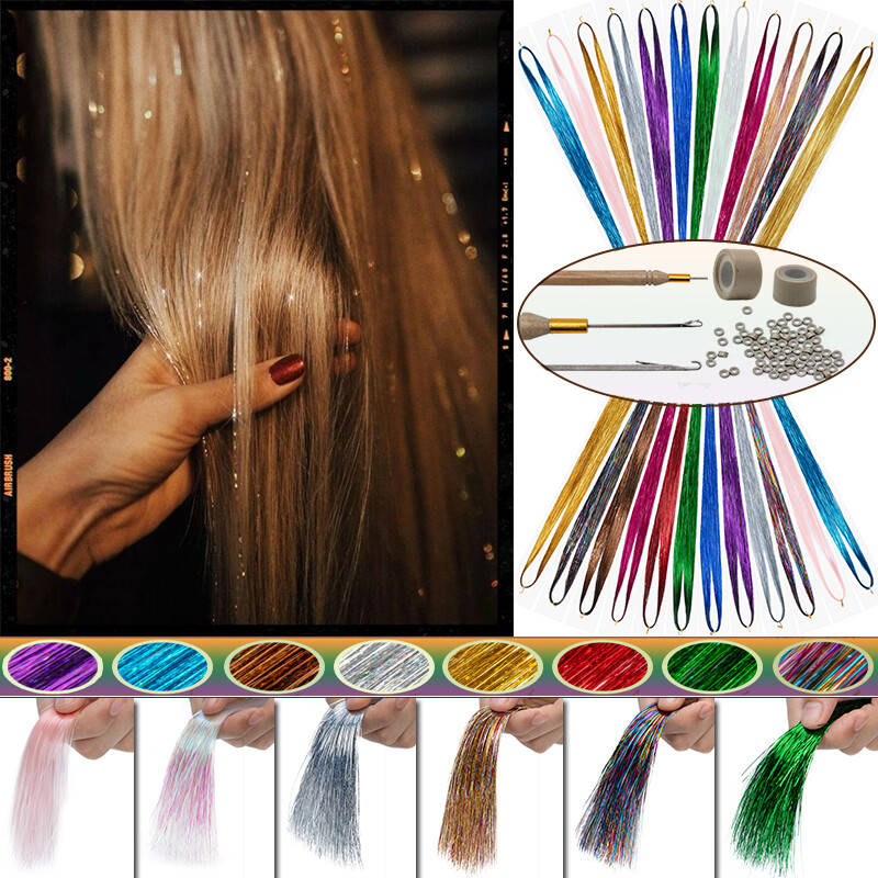 2400*Strands Holographic Glitter Tinsel Hair Extensions Sparkle Party Tools Kit