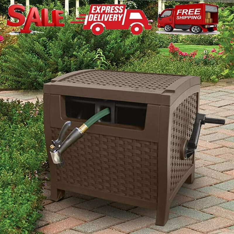 175 Foot Slide Trak Outdoor Garden Hideaway Water Hose Reel Storage Bin Brown US