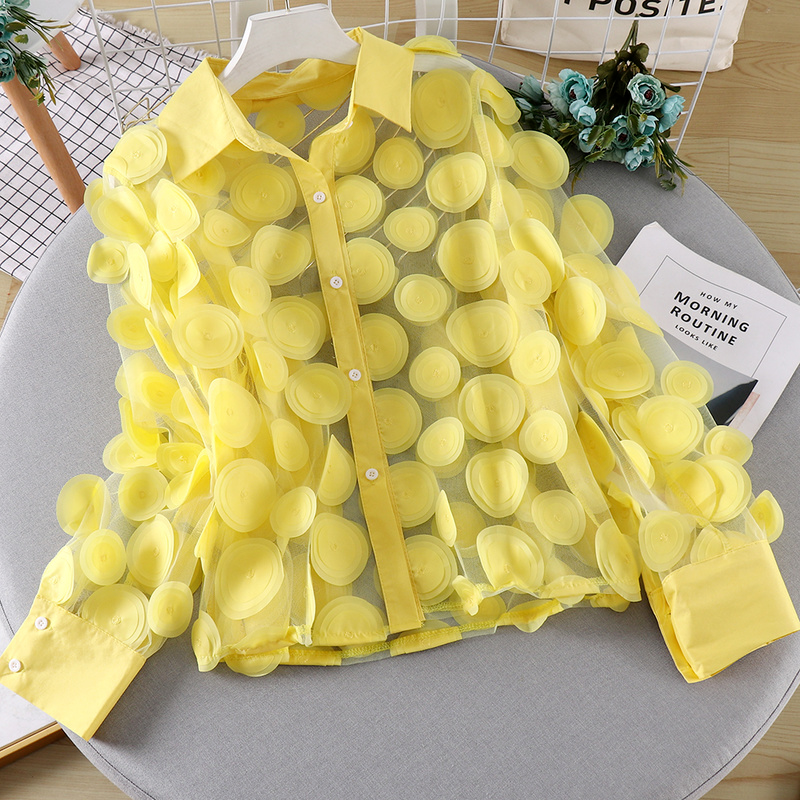 3D Donna Rete Chiffon Camicia Camicetta Top Puff Maniche Puro a Pois Bavero Moda