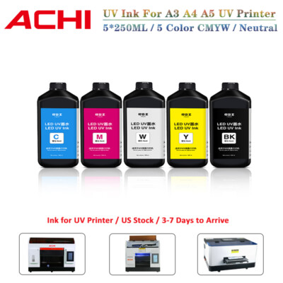 5 X 250ML UV INK For ACHI A3 A4 A5 UV Printer Colorful CMYKW Neutral Ink US Ship