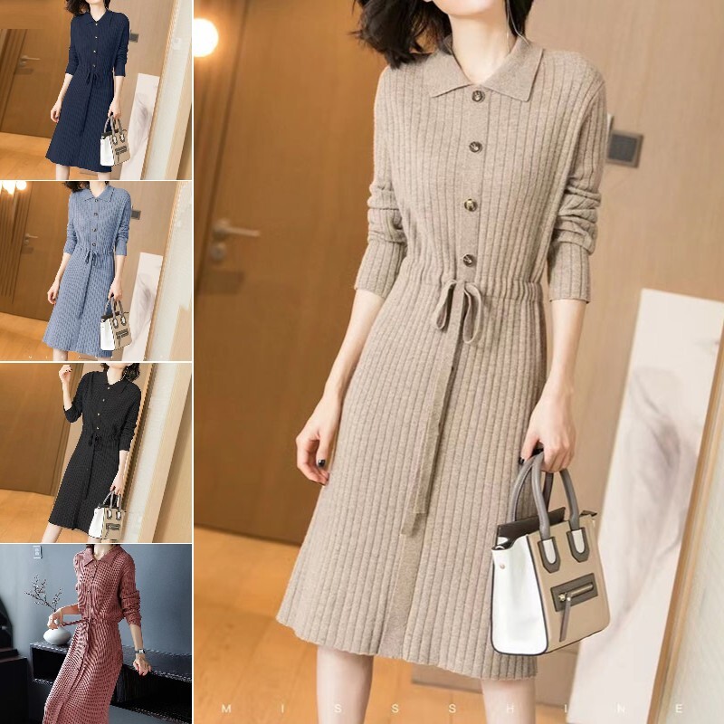 Women Midi Knitted Sweater Dress Adjustable Waist Button Fitted Long Sleeve