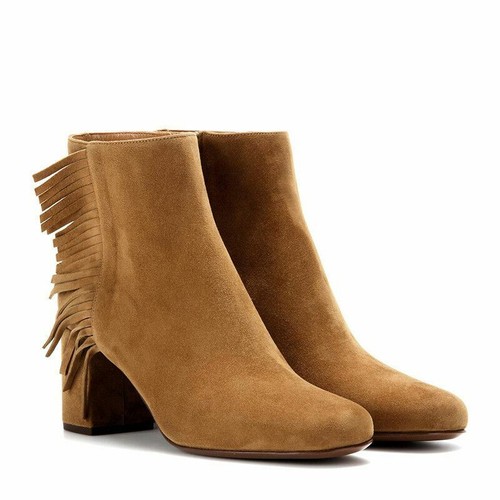 Pre-owned Saint Laurent Sz 37.5 $895  Tan Suede 70 Babies Fringe Boho Fall Ankle Boots In Brown