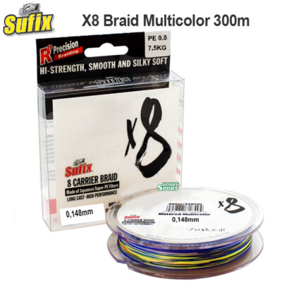 SUFIX X8 TRECCIATO MULTICOLOR 300 MT DIAM 0,148 MM 8 CARRIER BRAID PE 08 METERED