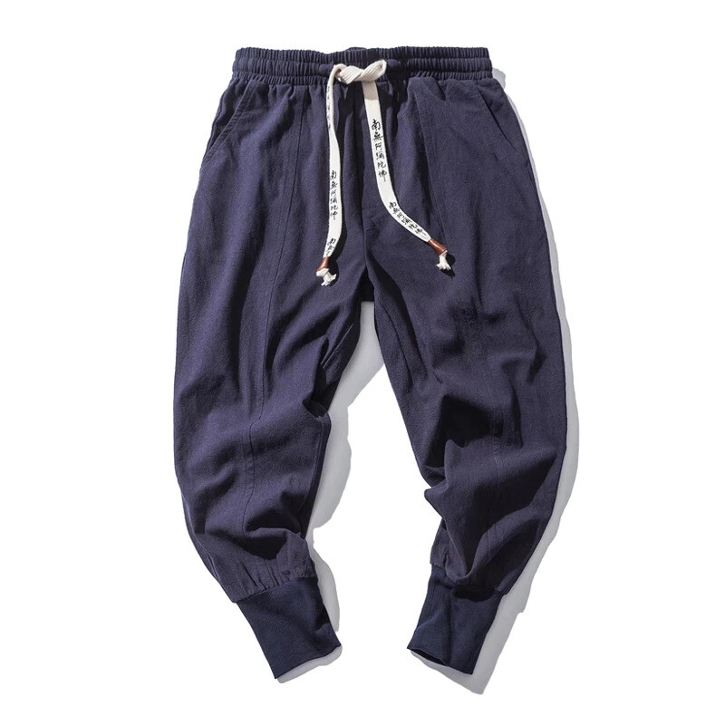 Men's Japanese Sweat Pants Casual Cotton Linen Stretch Elastic Trousers Joggers 