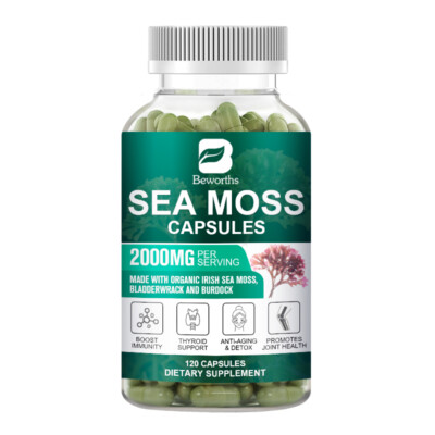 120 Pills Organic Sea Moss Capsules, Irish Sea Moss, bladderwrack & Burdock Root