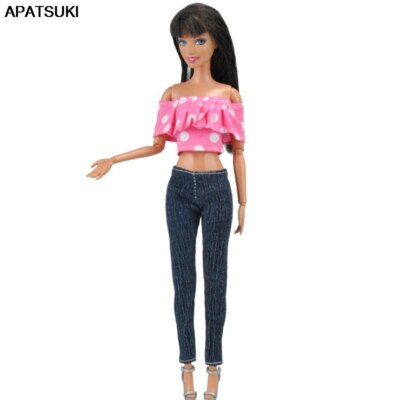 Pink Polka Outfits for 11.5'' 1/6 Doll Clothes Short Top Denim Jeans Pants DIY