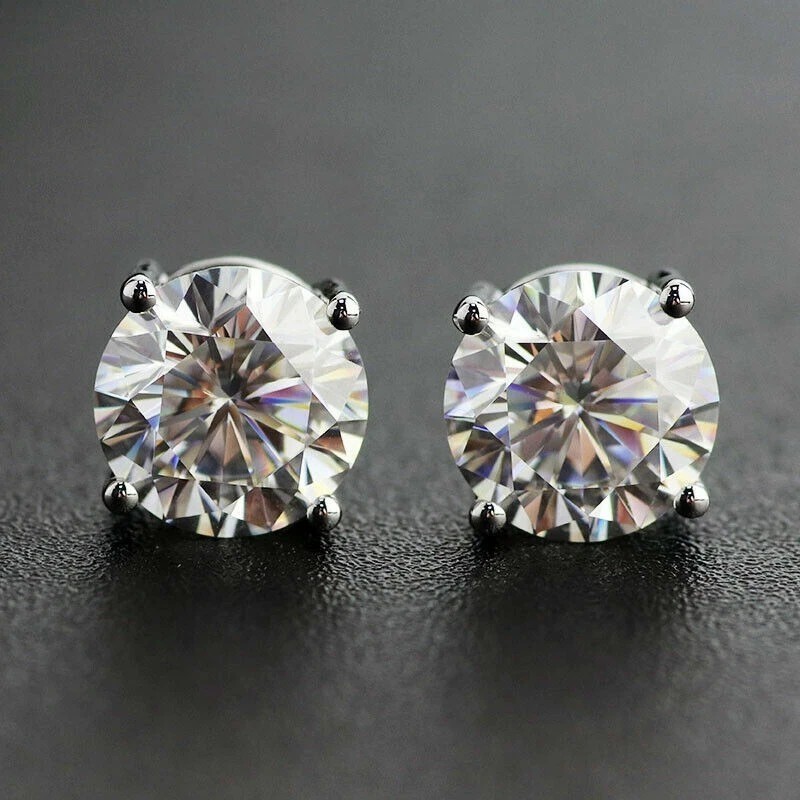 4Ct Round-Cut VVS1 Moissanite Push Back Stud Earrings 14K White Gold Plated