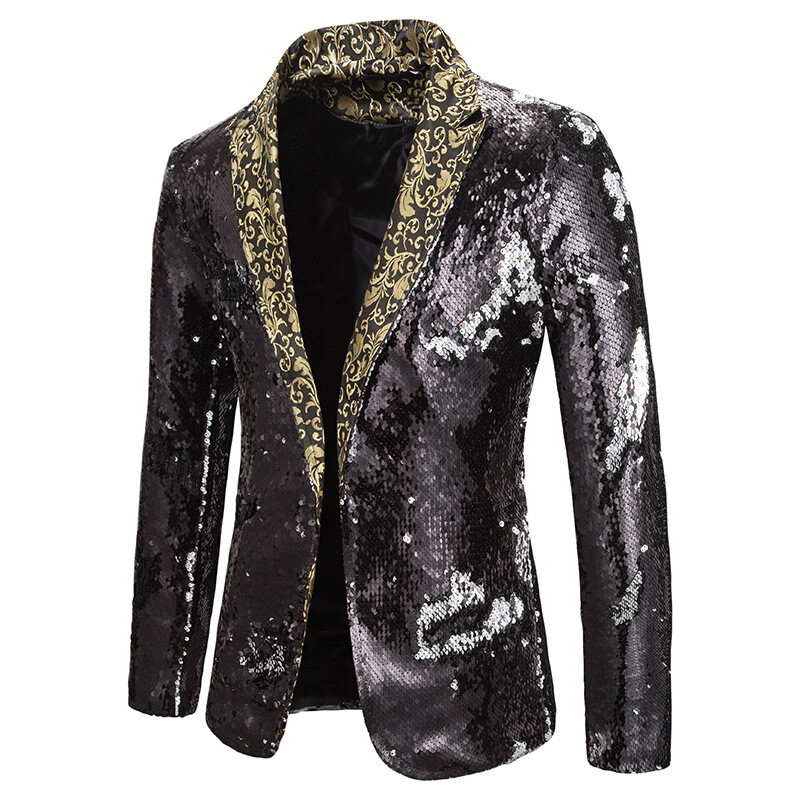 Men's Slim Fit Suit Jacket Blazer Shiny Sequin Coat Stage Business Blazer Coat