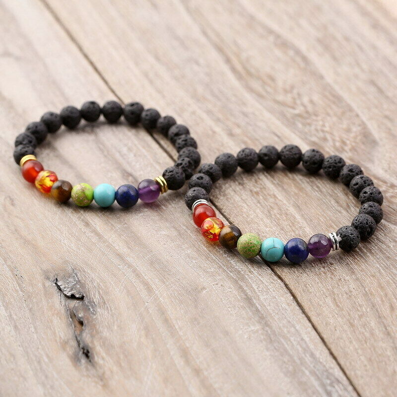 Chakra Regenbogen Armband Mehrfarbig Lava Natur Beads Bunt Stein Yoga Unisex