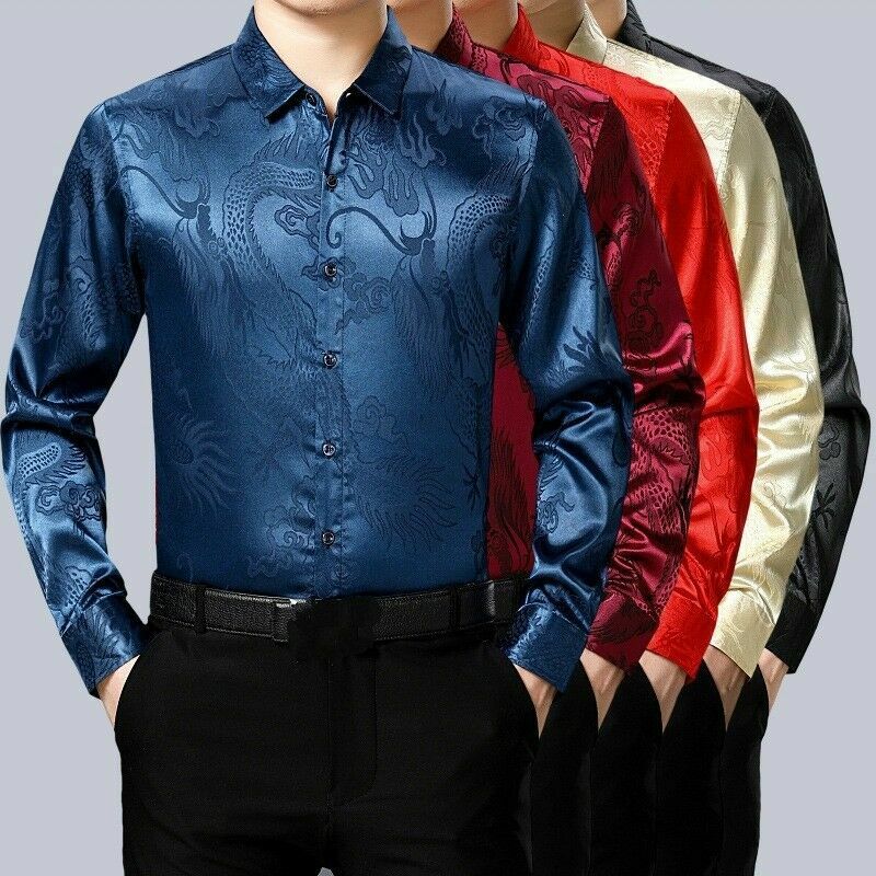 Men Faux Silk Satin Shirt Business Formal Long Sleeve Blouse Casual Top Chinese