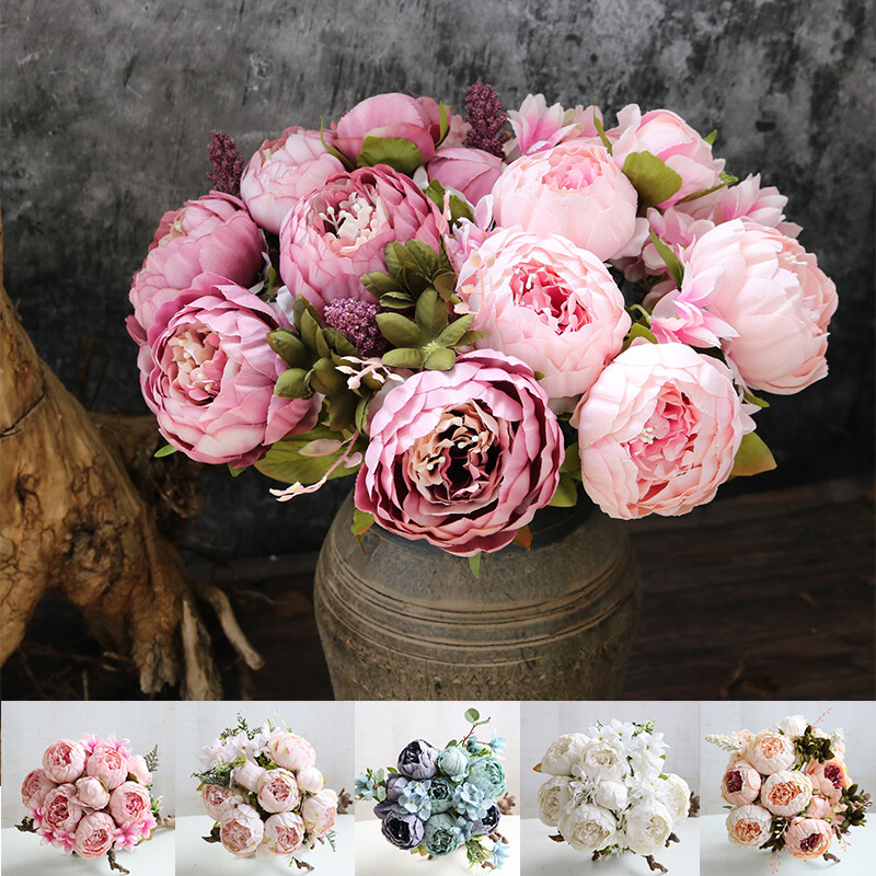 13 Heads Silk Peony Artificial Fake Flowers Wedding Bouquet Home Party Decor