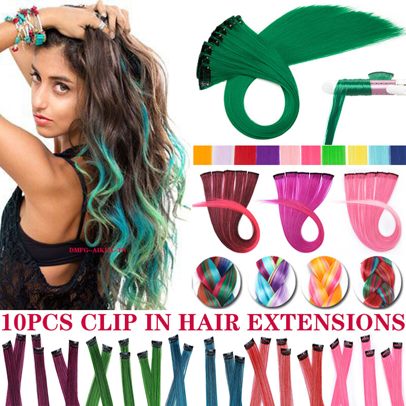 US 10PCS Clip In Long Chic Hairpiece Highlight Streaks Straight Hair Extensions
