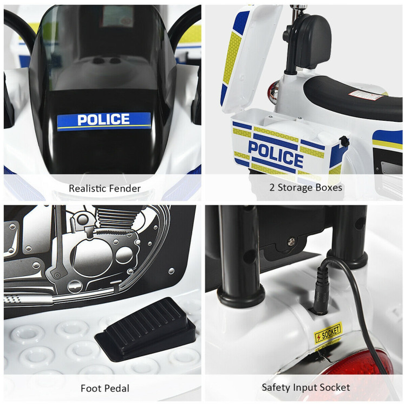 Kids 6V 3-Wheel Police Motorcycle Ride-On with Backrest Electric Toy Bike