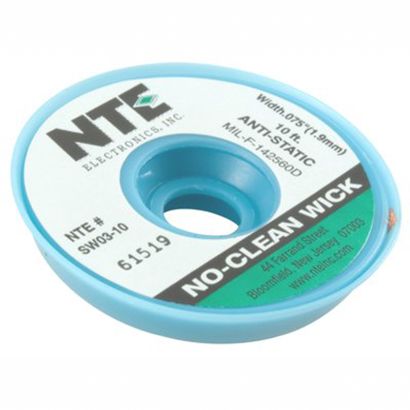 NTE Electronics SW0310 NoClean Solder Wick, 3 Green.075" Width, 10