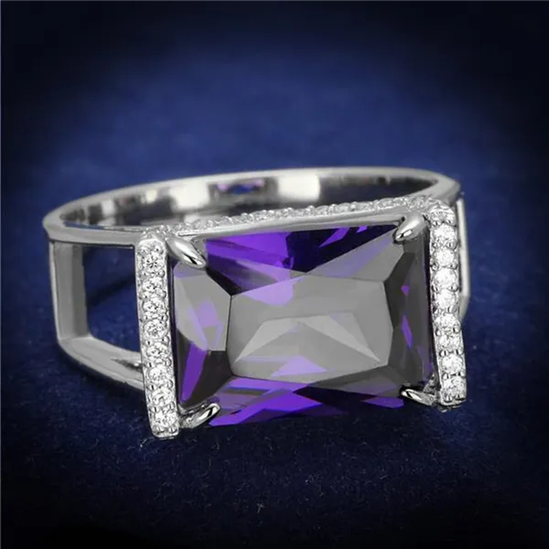 Women Rhodium 925 Sterling Silver Ring with AAA Grade CZ in Amethyst - Size 5