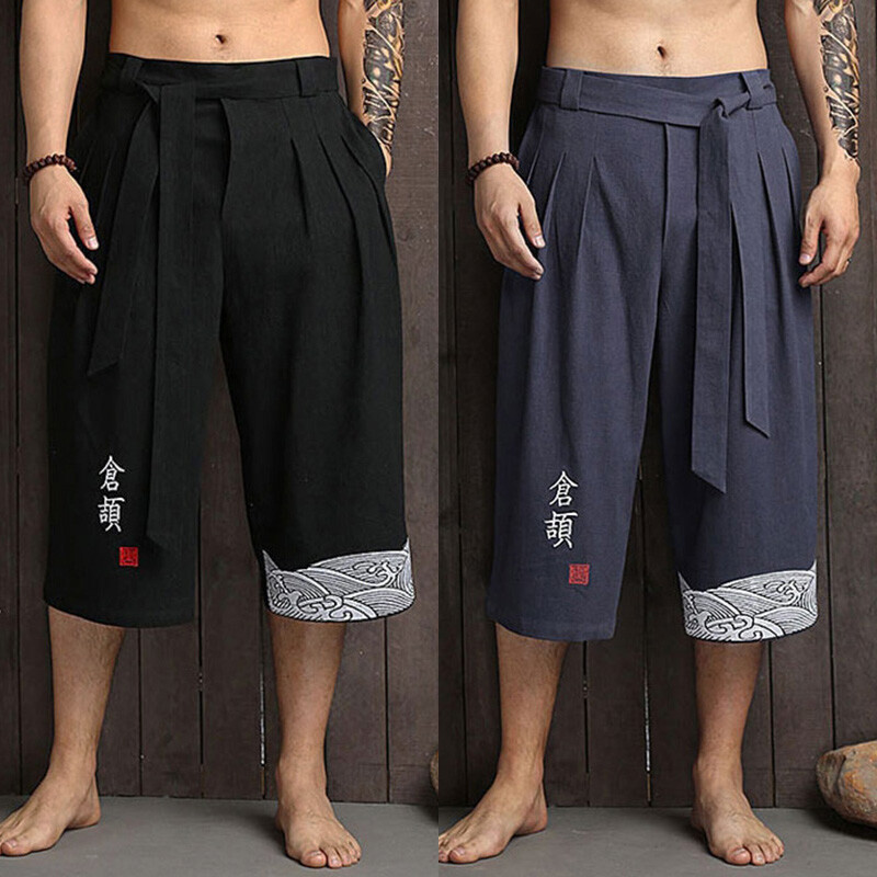 Herren Capri Hose Yukata Baggy Japanischer Kimono Look Vintage Baumwollmix