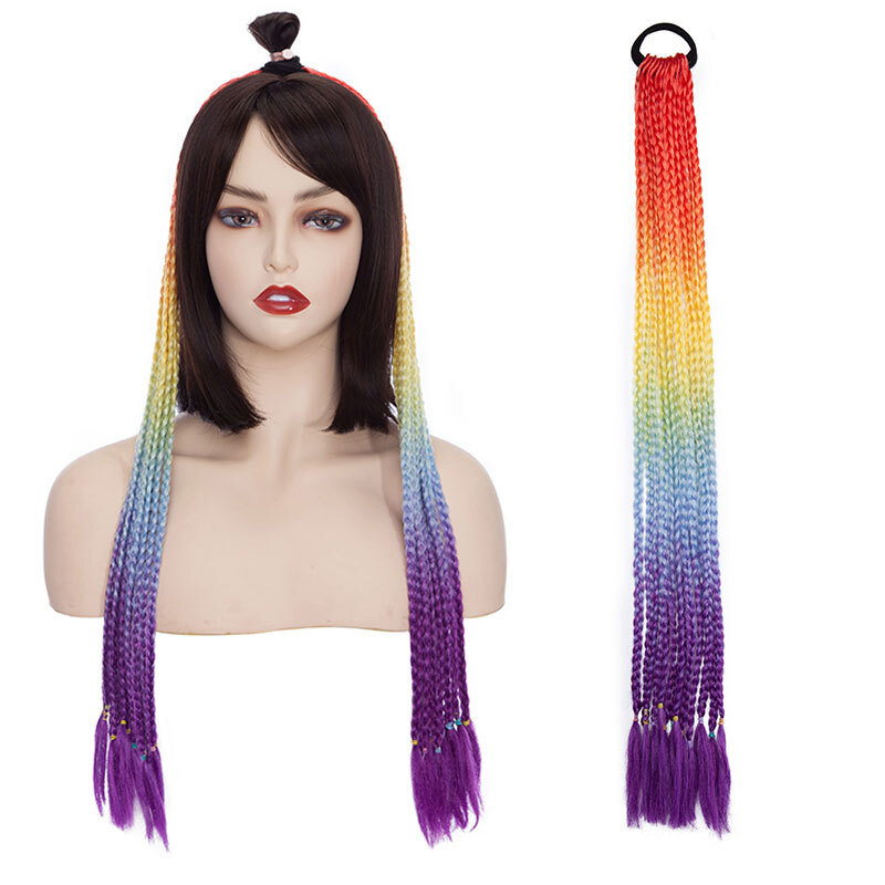 Real Long Ombre Handmade Braided Ponytail Hair Extension With Hair Tie Pigtails