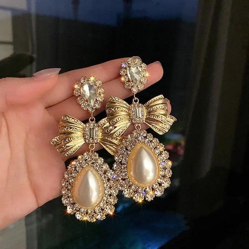 Vintage Gold Bowknot Crystal Pearl Drop Earrings for Women Copper Jewelry