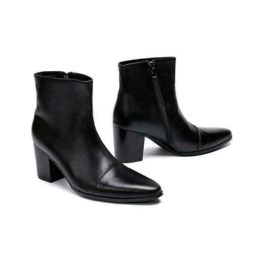 Mens Zip Pointy Toe Cuban Heel Leather Chelsea boots Ankle Boots High Top Shoes