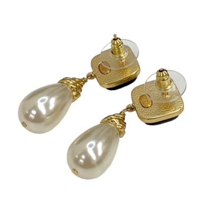 CHANEL Earrings Black Gold White Coco Mark Pearl Square Type