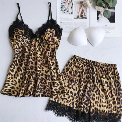 Leopard Print Lace Patchwork Sexy Women Pajamas Set Sleepwear Home Wear Sleeping