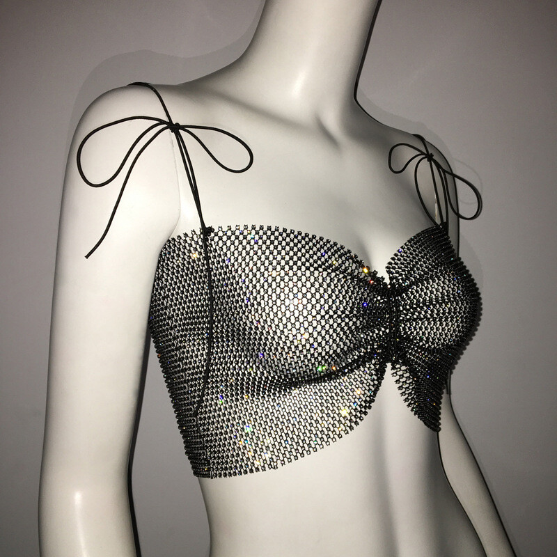 Donna Glitter Strass Rete Canotta Trasparente Canottiera con Spalline Schienale