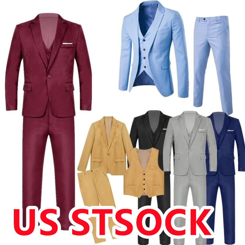 US Men's 3 Piece Slim Fit Suit Set One Button Solid Blazer Jacket Vest and Pants