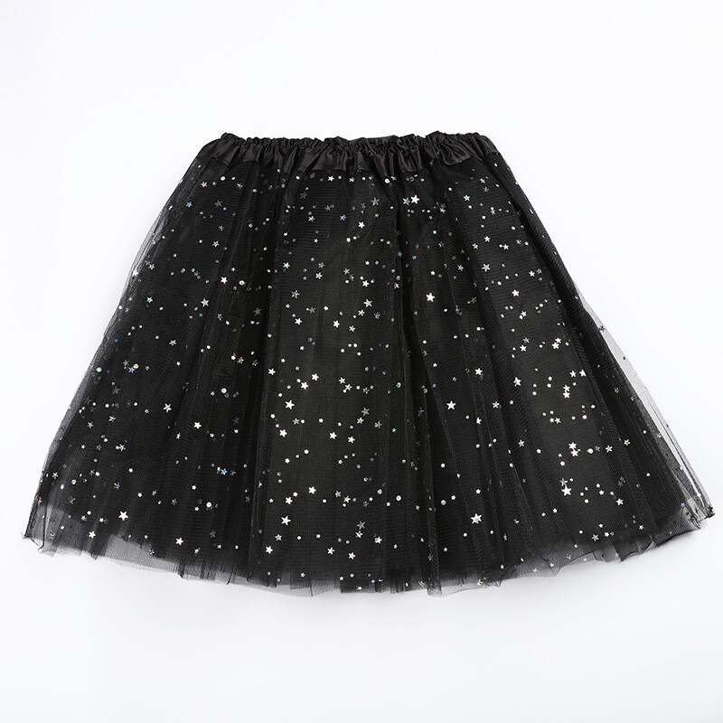 Women Tutu Dance Skirt Mini Layered A-line Star Sequin Tulle Party Club