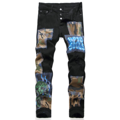 Punk Black Patch with Holes In Small Feet Men's Jeans Fashionable Nanshi Pants