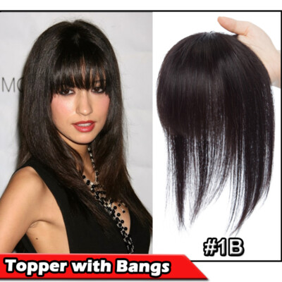 Women 100% Human Hair Toupee Silk Top Topper With Bangs For Women Thinning Hair