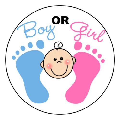 GENDER REVEAL BABY SHOWER PINK BLUE FOOTPRINT 2.5" Round Labels Favors Stickers 