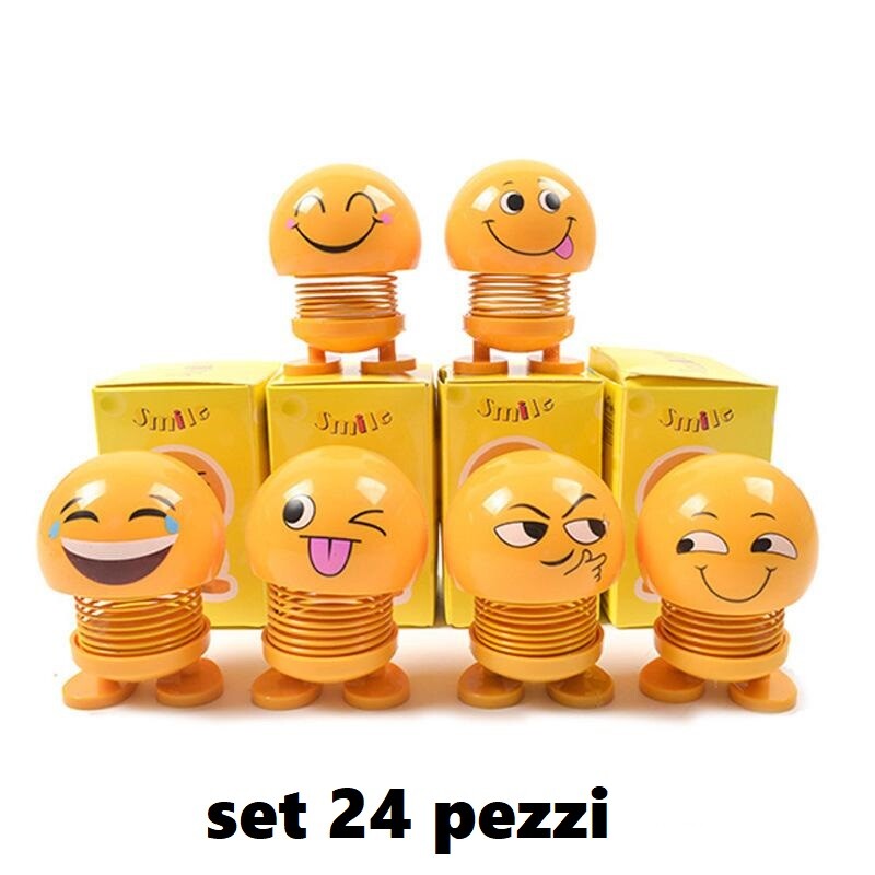 Set 24 Pz Pupazzetti Emoji Smile Con Molla 8cm Decorazione Cruscotto Auto